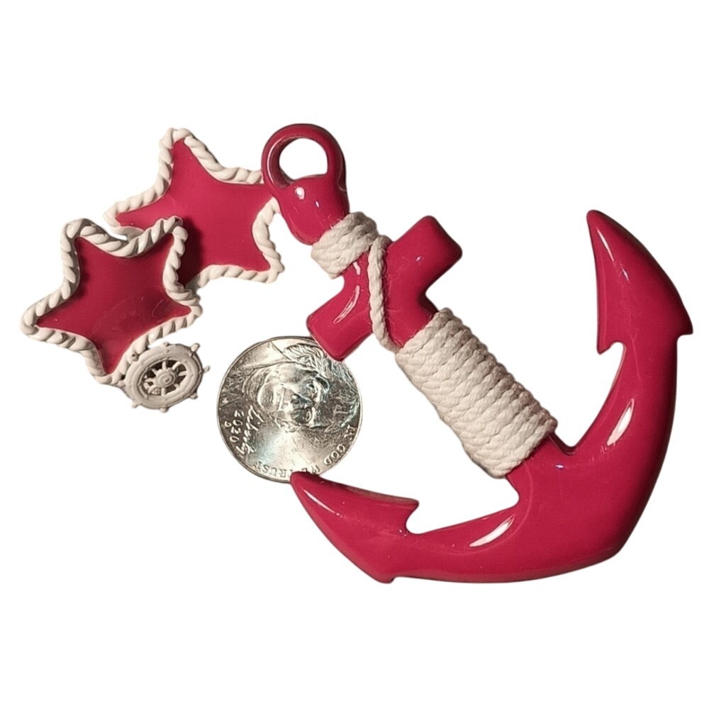 Anchor Starfish Nautical Brooch Pin Set Pink White Rope Accent SKUJ093‎
